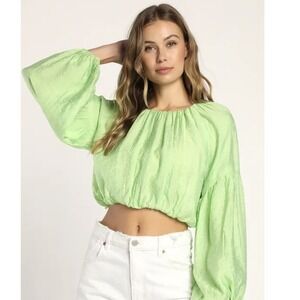 Lulus Large Women's Green Total Bliss Long Balloon Sleeve Crop Blouse Top NWOT